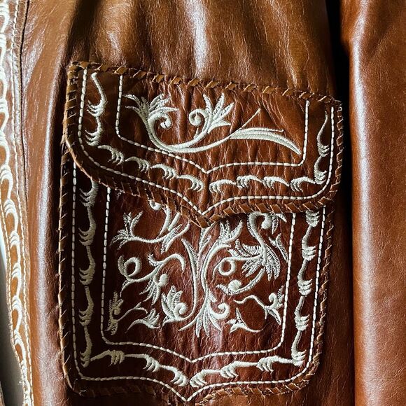 Vintage Ira Hoss Western Leather Jacket XXL Brown Tooled Embroidered Shacket - Picture 7 of 16